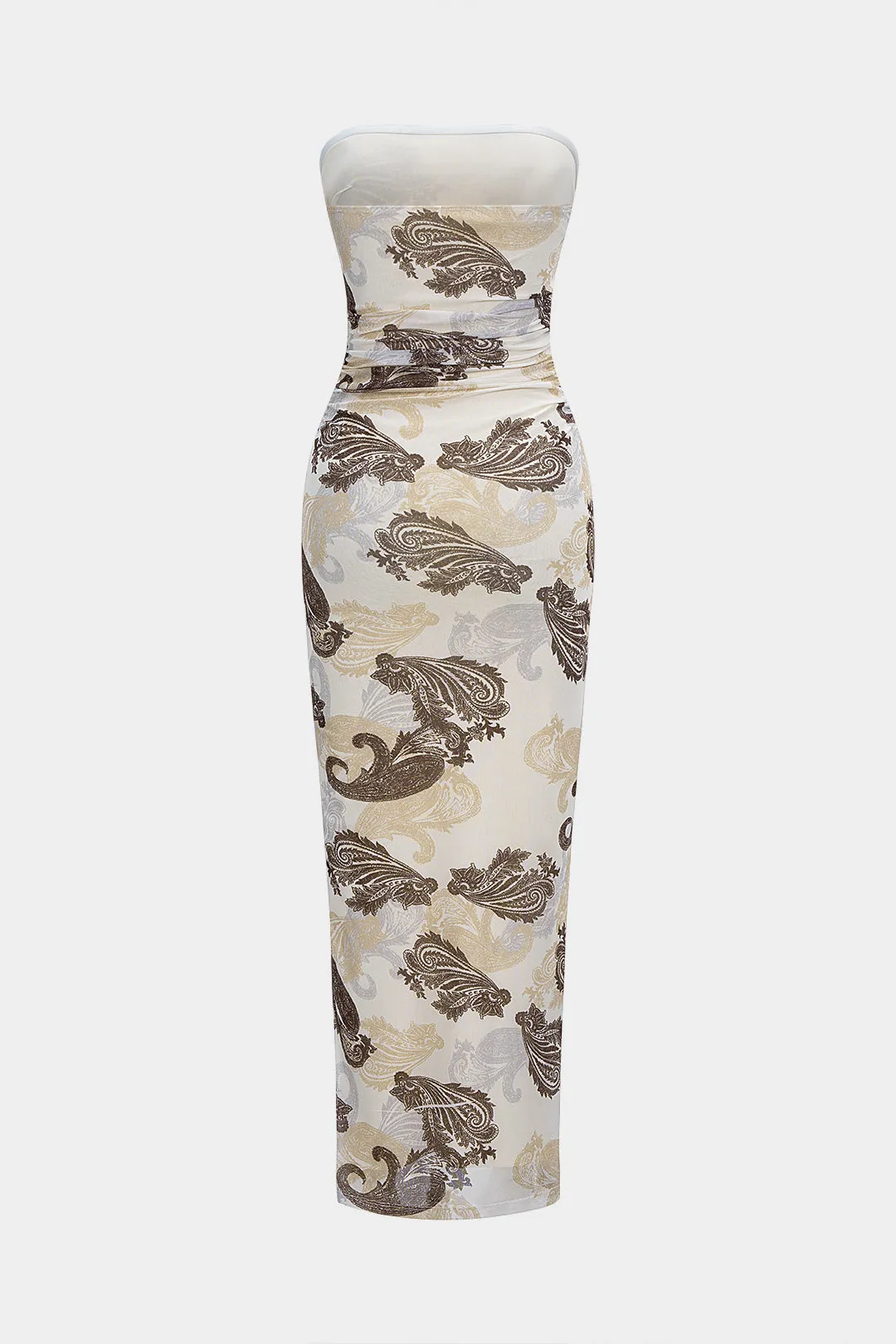 Paisley Print Mesh Ruched Strapless Sleeveless Maxi Dress sold by Micas product image thumbnail 2