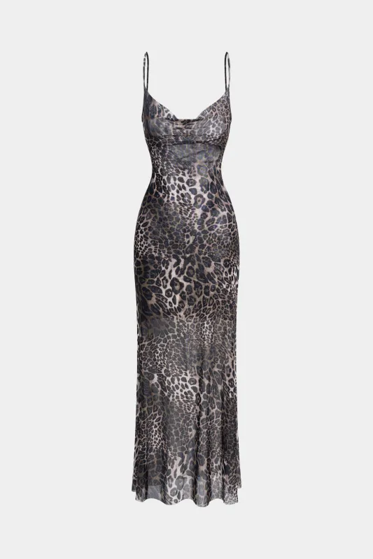 Leopard Print Mesh Backless Tie-Back Sleeveless Maxi Dress sold by Micas