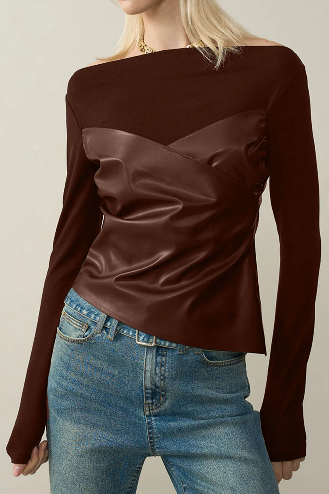 Faux Leather Off Shoulder Patchwork Ruched Long-Sleeve Top sold by Micas