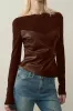 Faux Leather Off Shoulder Patchwork Ruched Long-Sleeve Top sold by Micas