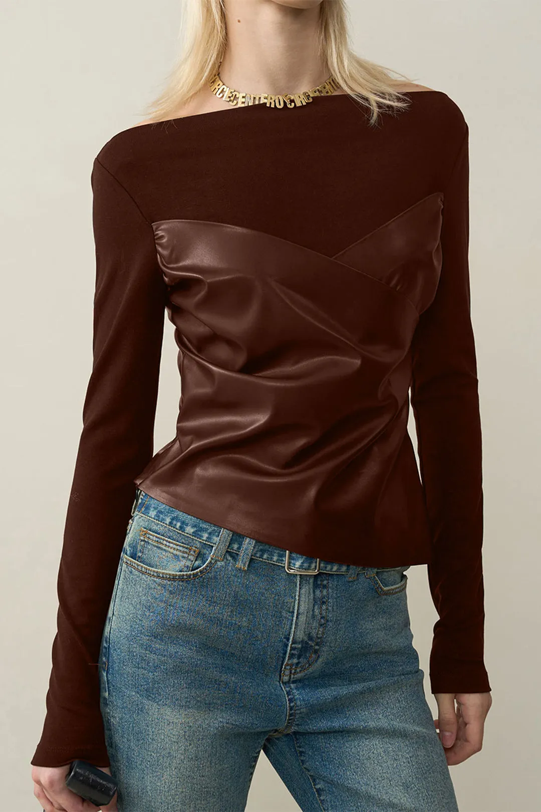 Faux Leather Off Shoulder Patchwork Ruched Long-Sleeve Top sold by Micas product image thumbnail 2