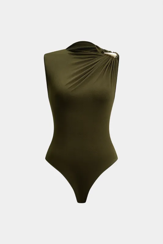 Metallic Ruched Sleeveless Bodysuit sold by Micas