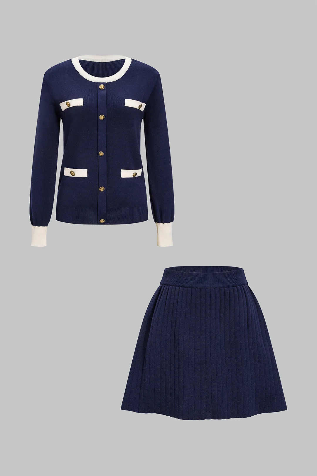 Contrast Button Long-Sleeve Top And High Waist Skirt Set sold by Micas