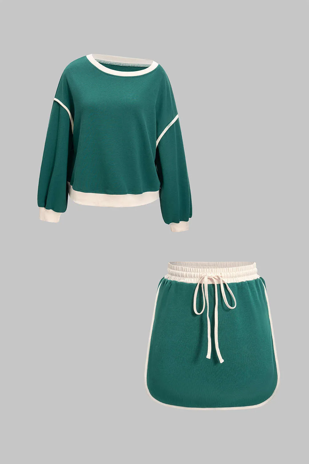 Contrast Binding Long-Sleeve Top And Drawstring Skirt Set sold by Micas product image thumbnail 2