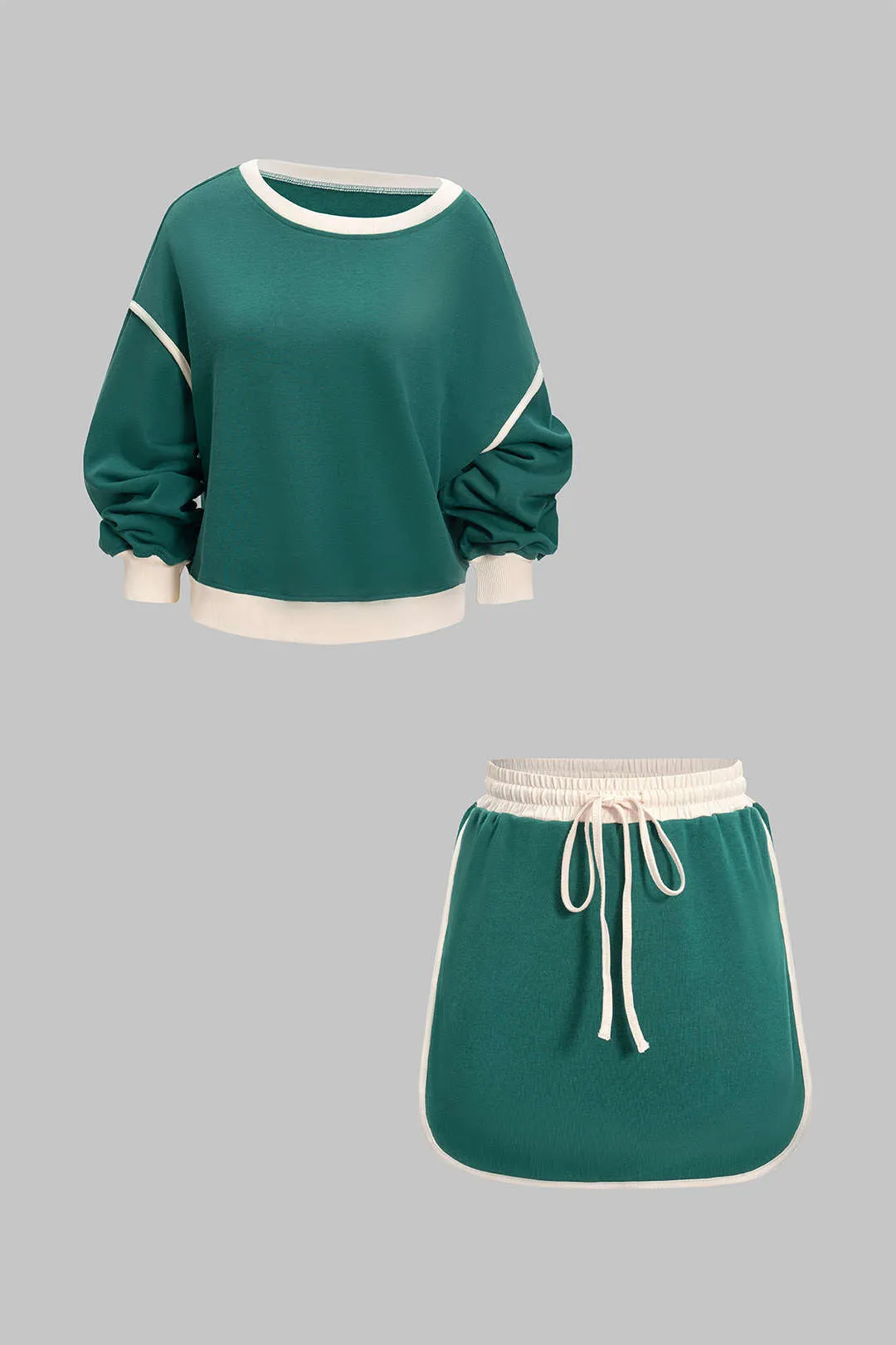 Contrast Binding Long-Sleeve Top And Drawstring Skirt Set sold by Micas