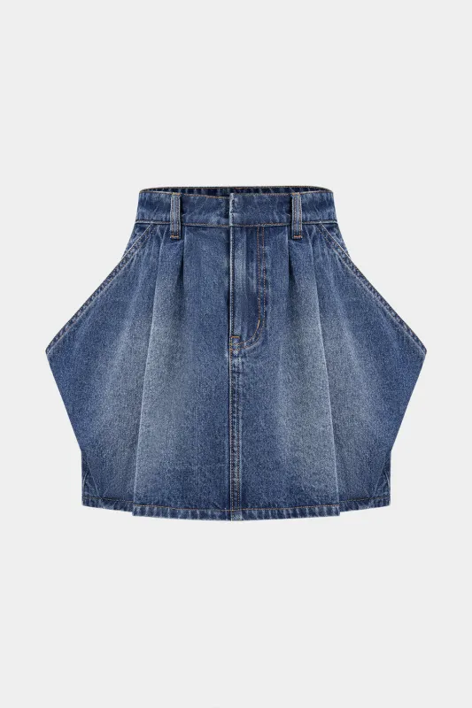 Denim Ruched Mini Skirt sold by Micas