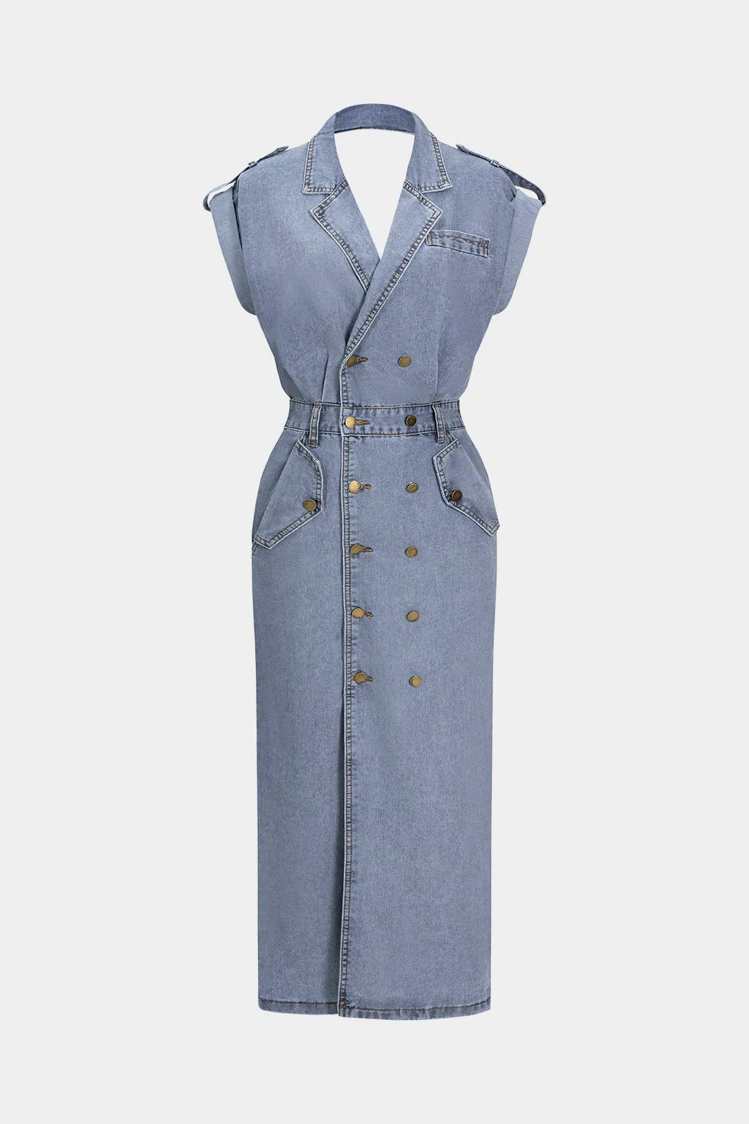 Denim Button Shirred Short Sleeve Dress sold by Micas product image thumbnail 5