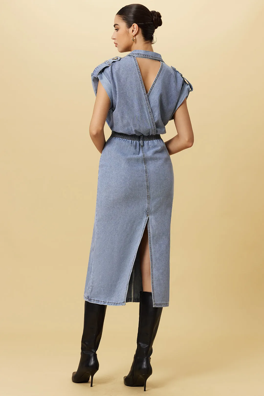 Denim Button Shirred Short Sleeve Dress sold by Micas product image thumbnail 2