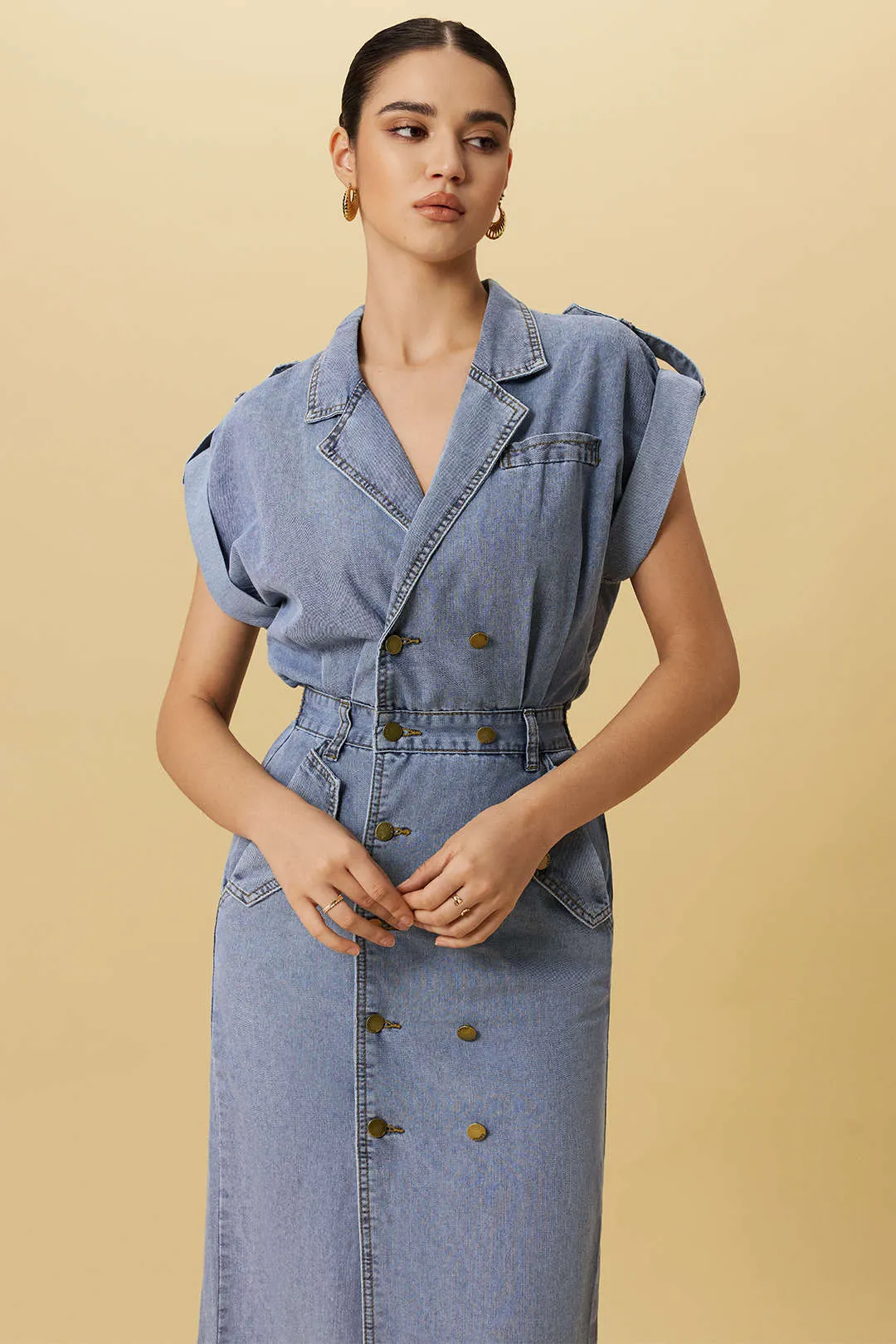 Denim Button Shirred Short Sleeve Dress sold by Micas product image thumbnail 3