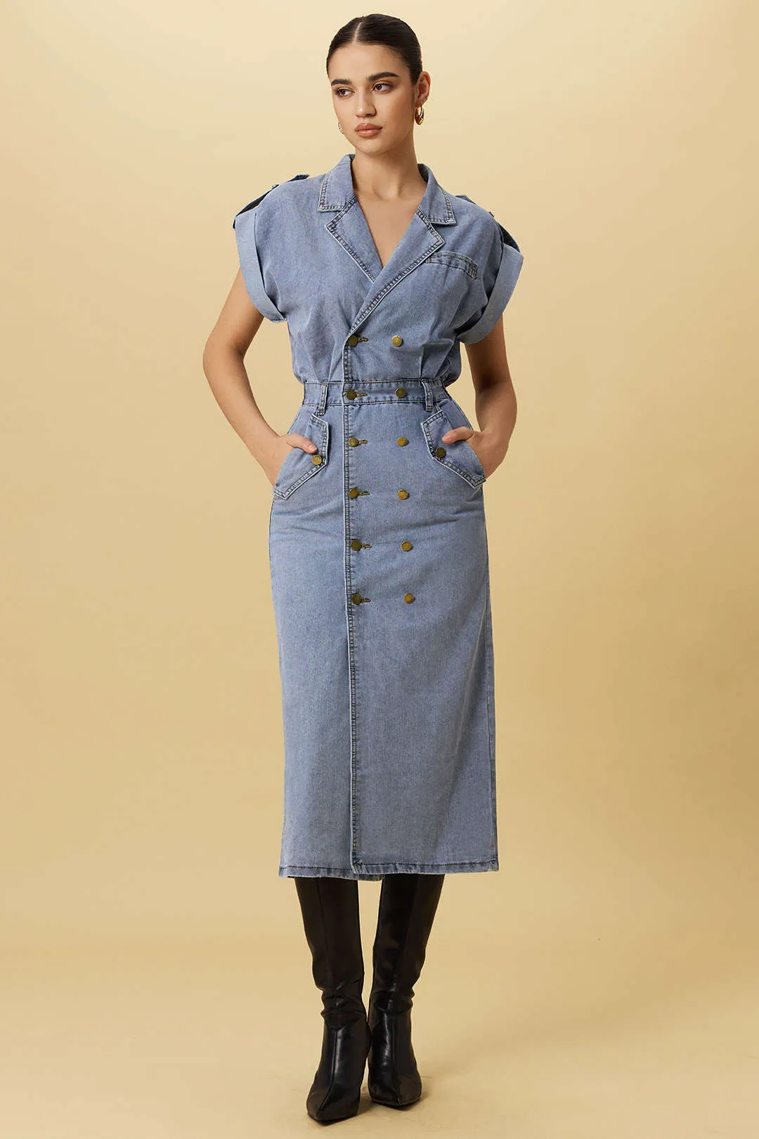 Denim Button Shirred Short Sleeve Dress sold by Micas