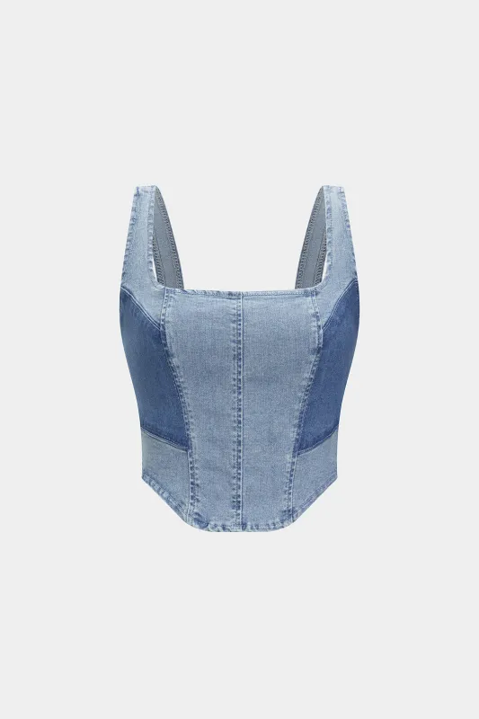Denim Contrast Zipper Crop Top sold by Micas