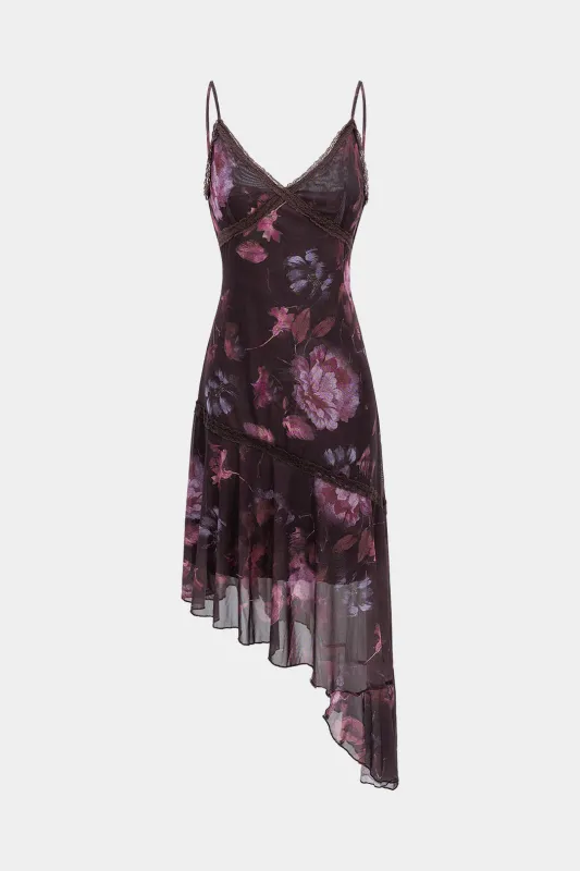 Mesh Floral Print Lace Trim Asymmetrical Slip Sleeveless Mini Dress sold by Micas