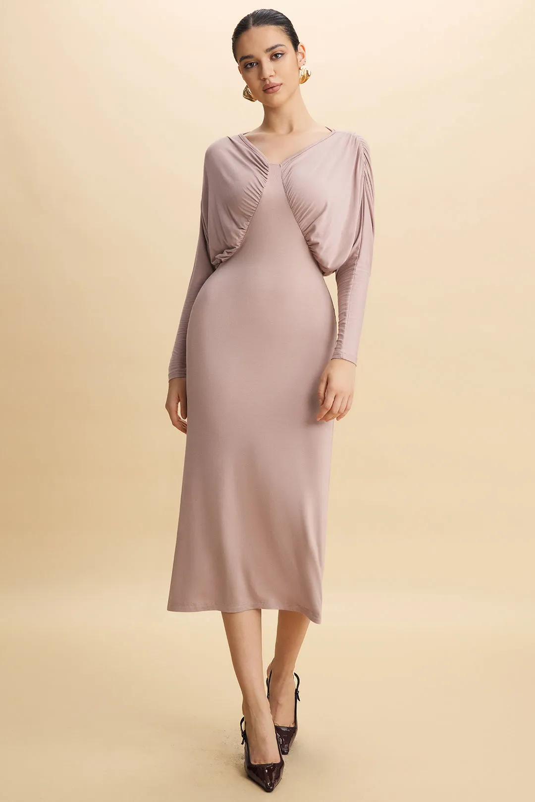 V-Neck Batwing Sleeve Ruched Maxi Dress sold by Micas