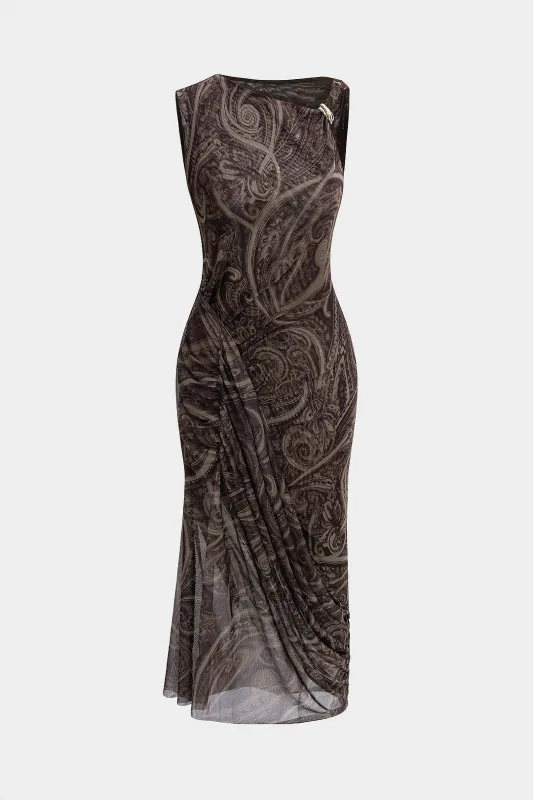 Paisley Print Mesh Metallic Twist Knot Asymmetrical Ruched Sleeveless Midi Dress made by Micas