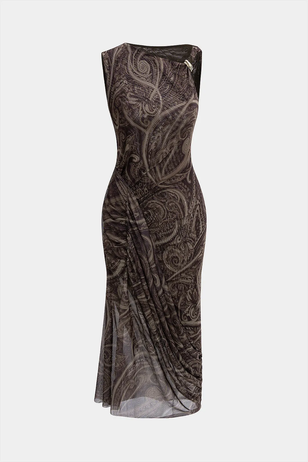 Paisley Print Mesh Metallic Twist Knot Asymmetrical Ruched Sleeveless Midi Dress sold by Micas