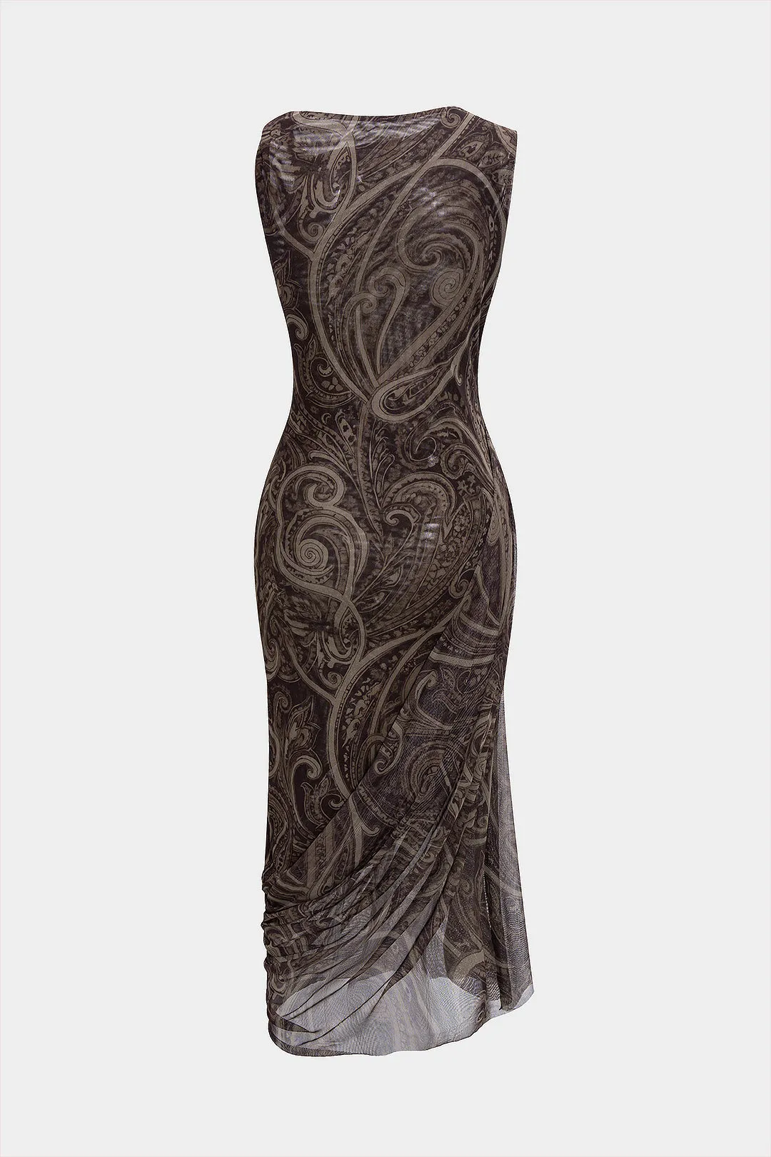 Paisley Print Mesh Metallic Twist Knot Asymmetrical Ruched Sleeveless Midi Dress sold by Micas product image thumbnail 2