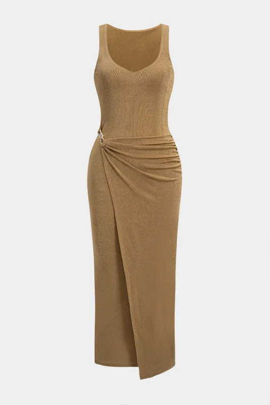 Metallic Ruched Asymmetrical Sleeveless Maxi Dress sold by Micas