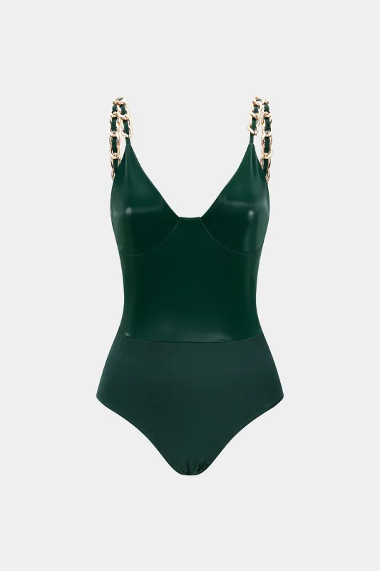 Faux Leather Chain Patchwork Sleeveless Bodysuit sold by Micas