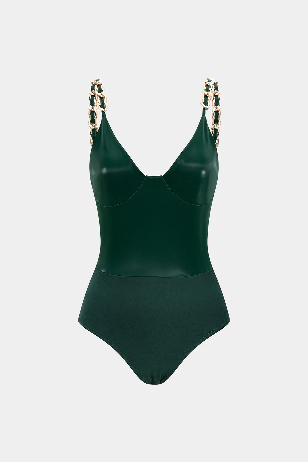 Faux Leather Chain Patchwork Sleeveless Bodysuit sold by Micas