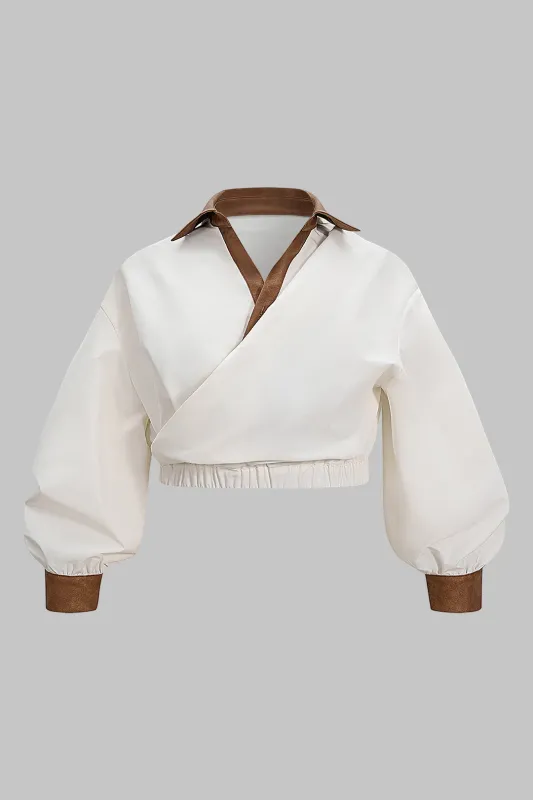 Plus Size Faux Leather Patchwork Smocked Long-Sleeve Shirt sold by Micas