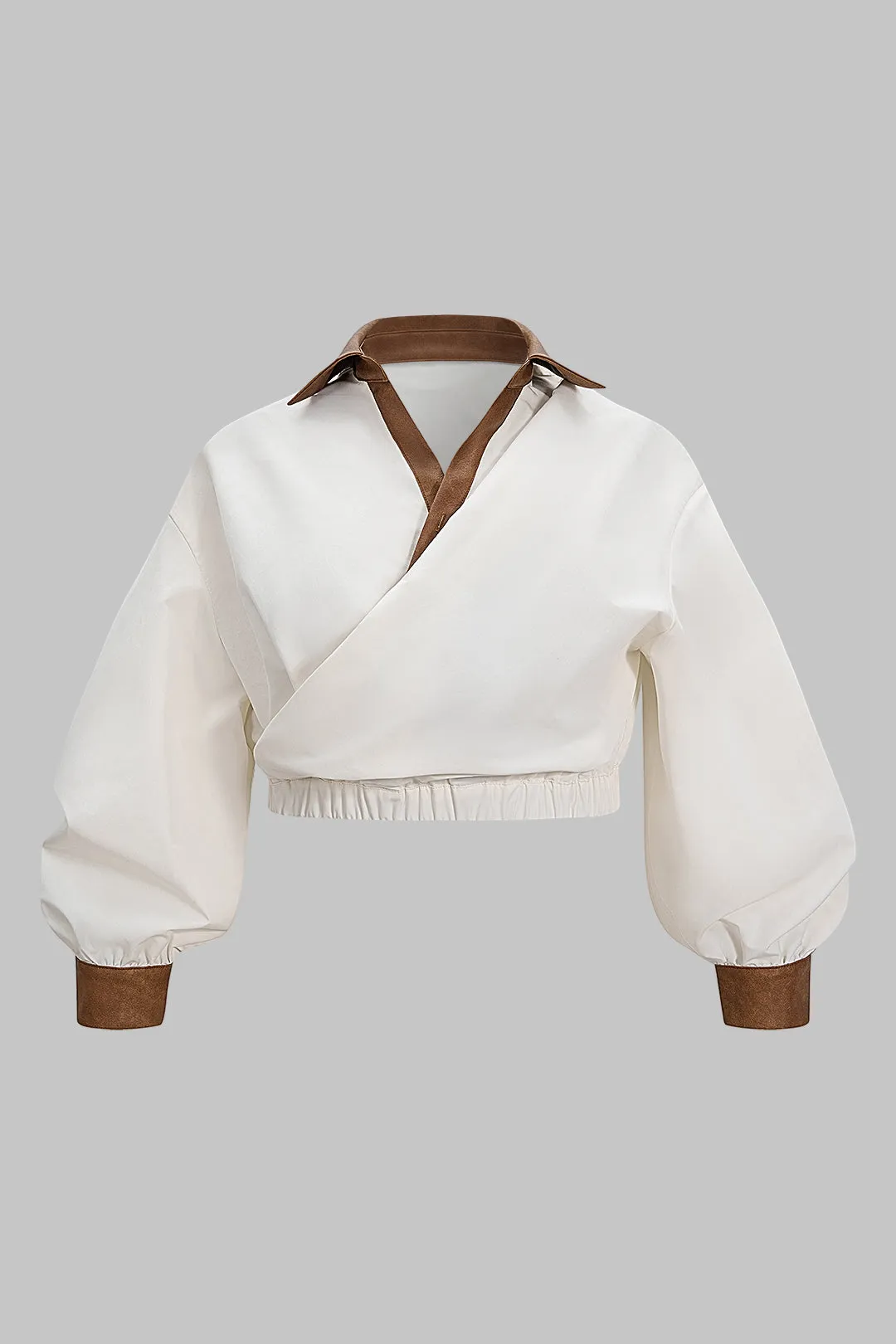 Plus Size Faux Leather Patchwork Smocked Long-Sleeve Shirt sold by Micas