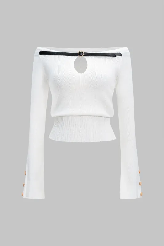Belted Off Shoulder Cut Out Long-Sleeve Top sold by Micas