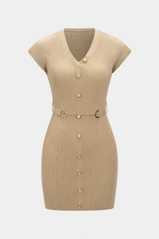 Knit Belted Button Short-Sleeve Dress sold by Micas
