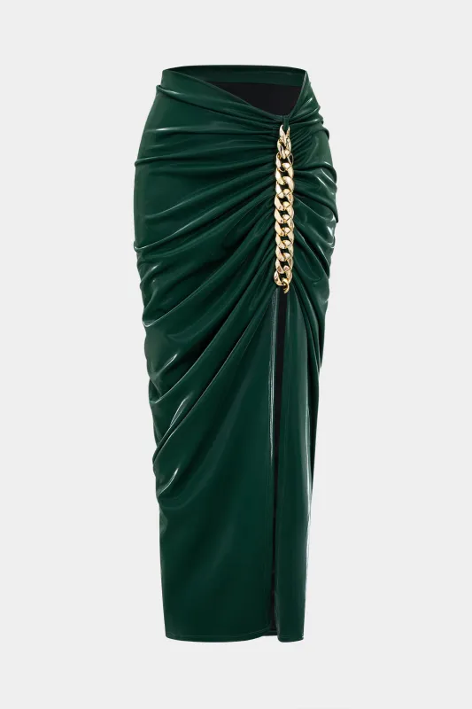 Faux Leather Metallic Chain Ruched Asymmetrical Skirt sold by Micas