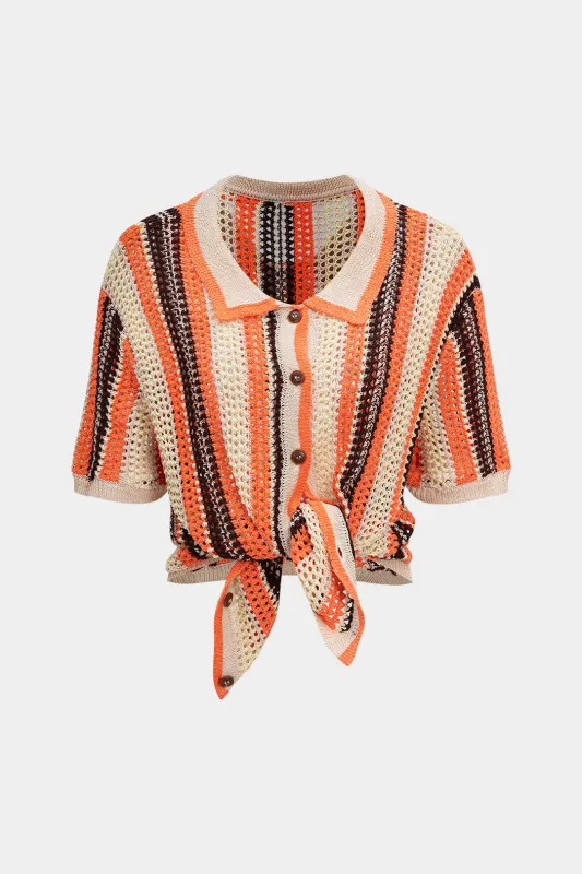 Contrast Print Knit Hollow Out Short-Sleeve Top sold by Micas