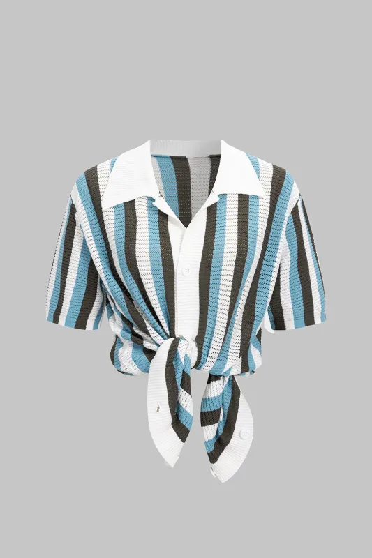 Color Block Stripes Print Knit Button Hollow Out Short-Sleeve Top sold by Micas