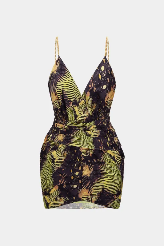 Plus Size Tropical Print Metallic Chain Asymmetrical Ruched Sleeveless Mini Dress sold by Micas