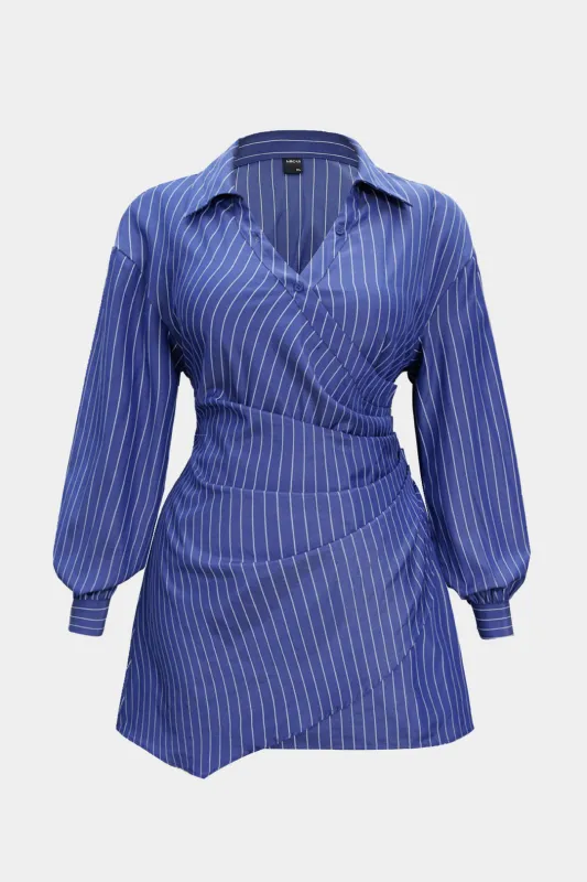 Plus Size Stripes Print Crossed Ruched Smocked Long Sleeve Mini Dress sold by Micas