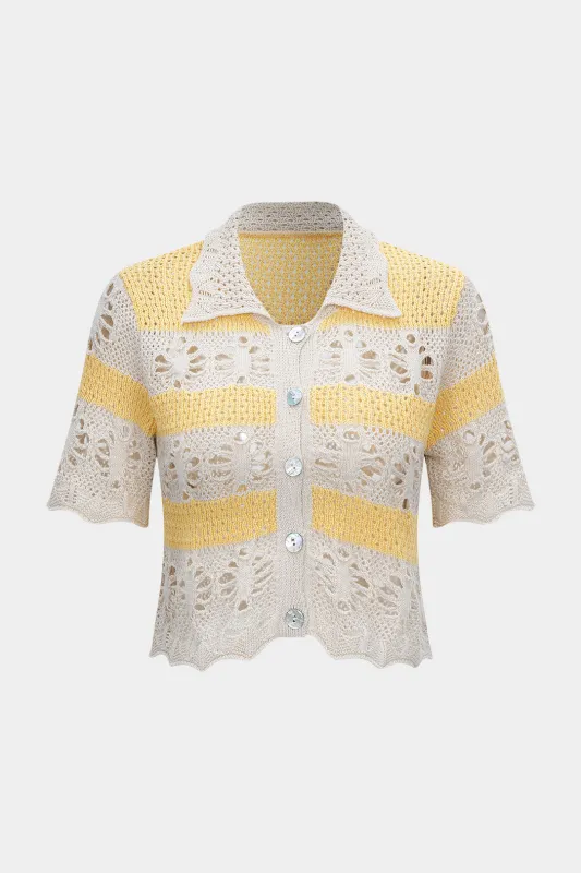 Knit Hollow Out Contrast Short-Sleeve Top sold by Micas