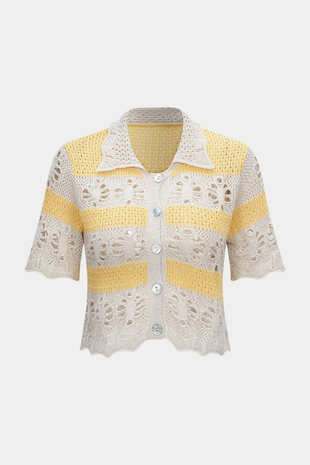 Knit Hollow Out Contrast Short-Sleeve Top sold by Micas