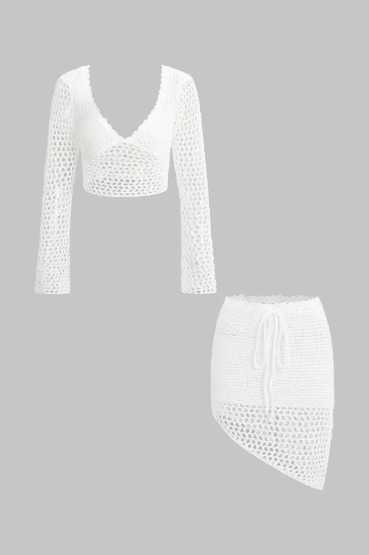 Knit Cut Out Long Sleeve Crop Top And Tie-Up Skirt Set sold by Micas