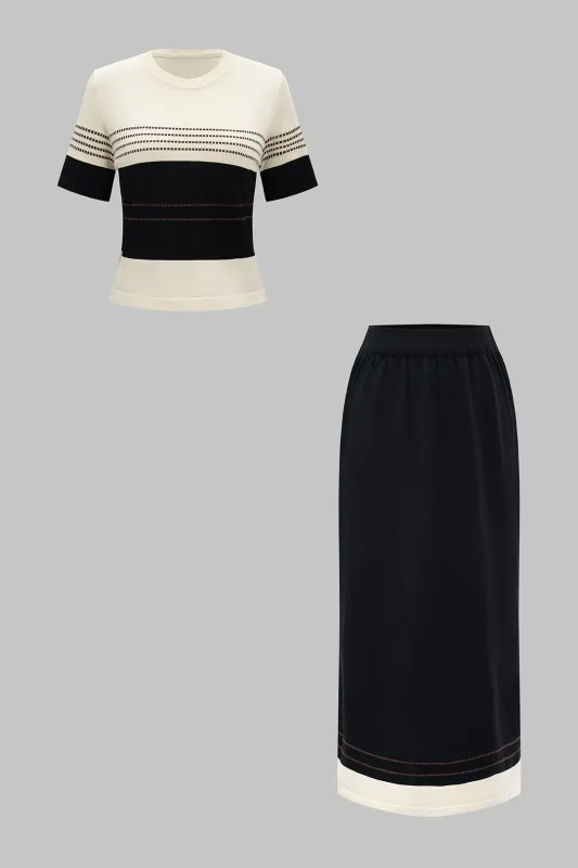 Knit Stripes Contrast Print Round Neck Short Sleeve Top And Skirt Set made by Micas