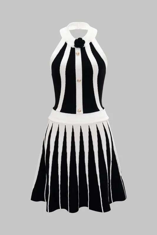 Knit Contrast Halter Neck Button Backless Sleeveless Dress sold by Micas