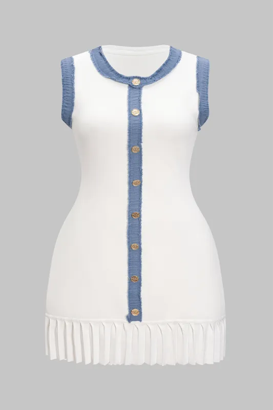 Plus Size Knit Patchwork Contrast Button Sleeveless Dress sold by Micas