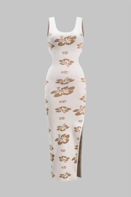 Knit Floral Print Cut Out Slit Sleeveless Dress sold by Micas