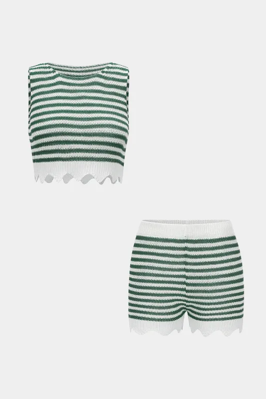 Knit Contrast Stripes Print Tank Top And Shorts Set sold by Micas