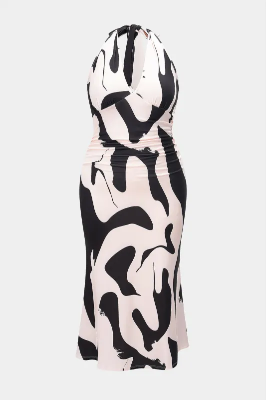 Plus størrelse kontrast abstrakt print v-hals halter ærmeløs maxi kjole made by Micas