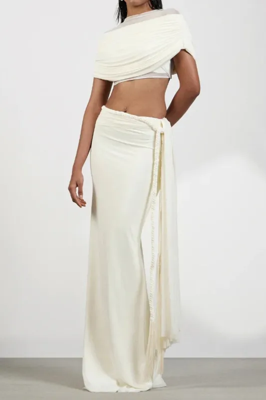 Ruched Short-Sleeve Top And  Asymmetrical Braided Knotted Skirt Set sold by Micas