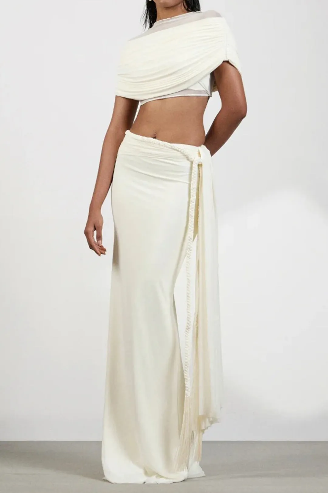 Ruched Short-Sleeve Top And Asymmetrical Braided Knotted Skirt Set sold by Micas