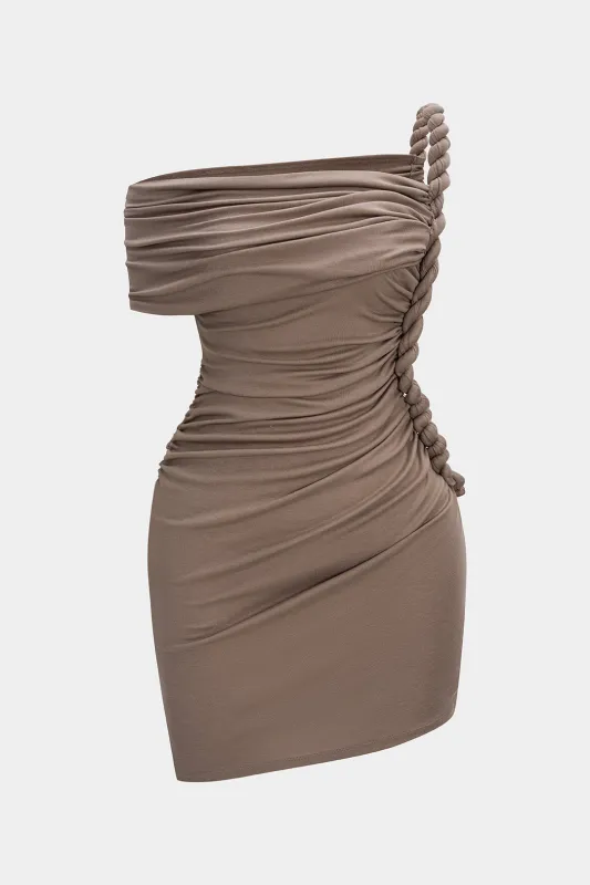 Plus Size Ruched Twist Knot One Shoulder Short Sleeve Midi Dress sold by Micas