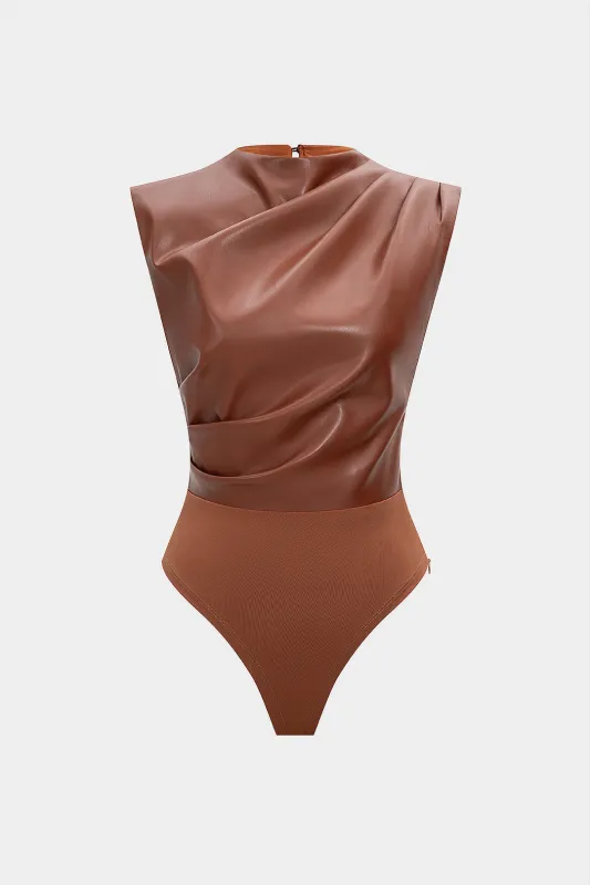 Faux Leather Patchwork Ruched Zipper Sleeveless Bodysuit sold by Micas