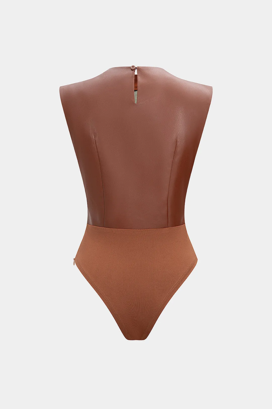 Faux Leather Patchwork Ruched Zipper Sleeveless Bodysuit sold by Micas product image thumbnail 2