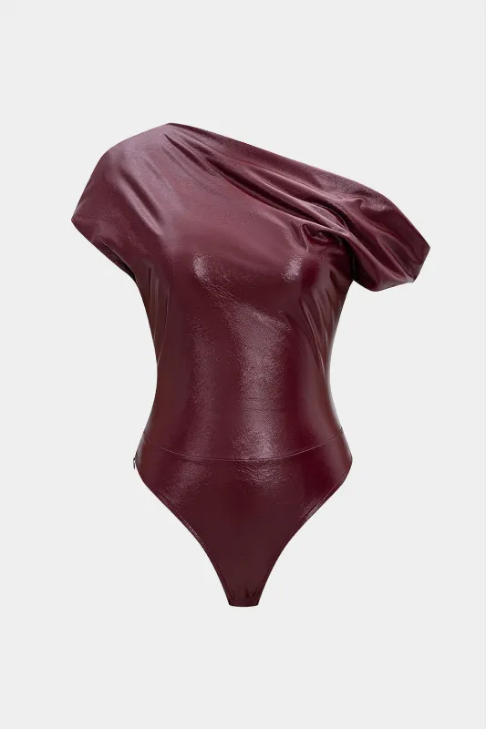 Faux Leather Ruched Asymmetrical Shoulder Bodysuit sold by Micas