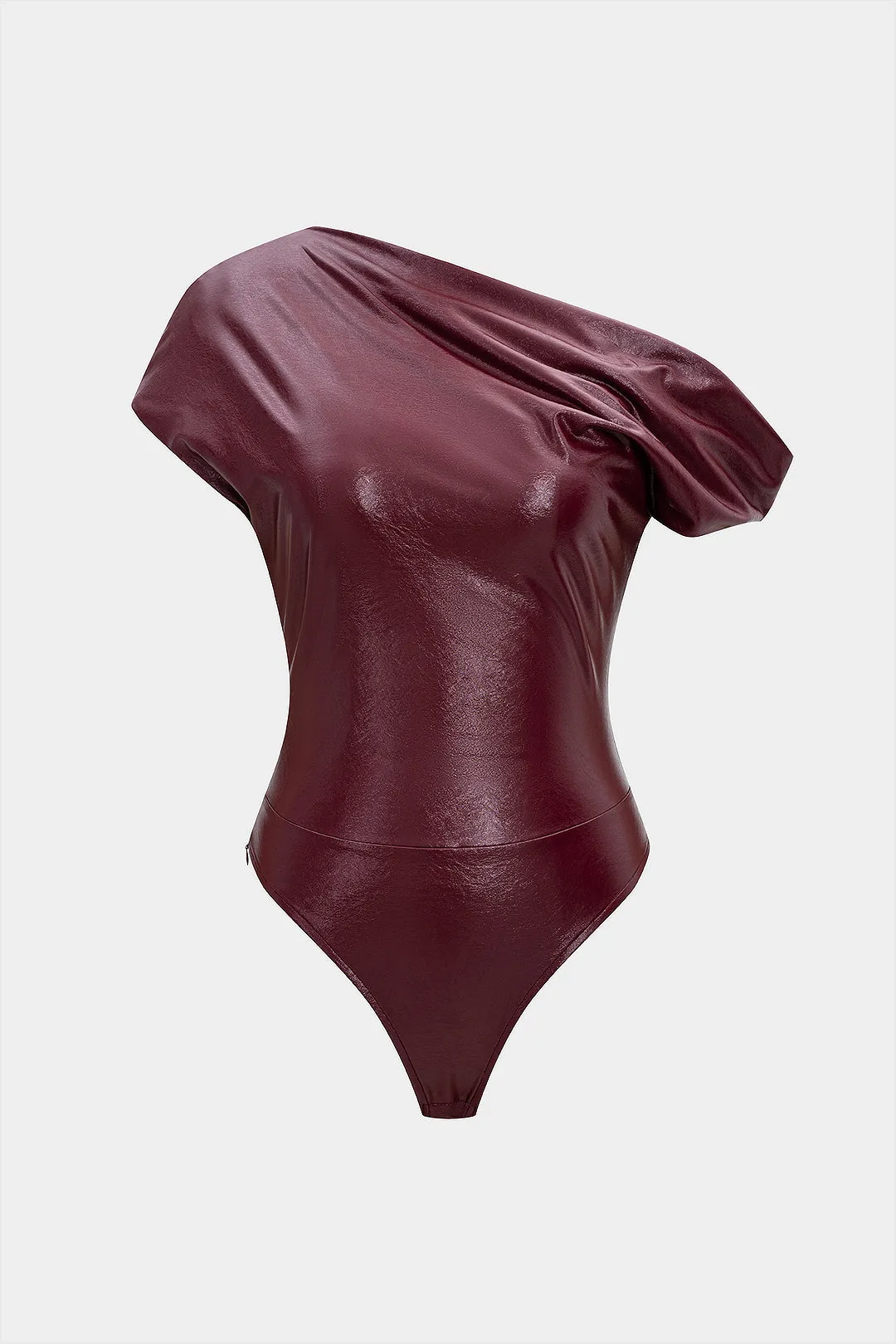 Faux Leather Ruched Asymmetrical Shoulder Bodysuit sold by Micas