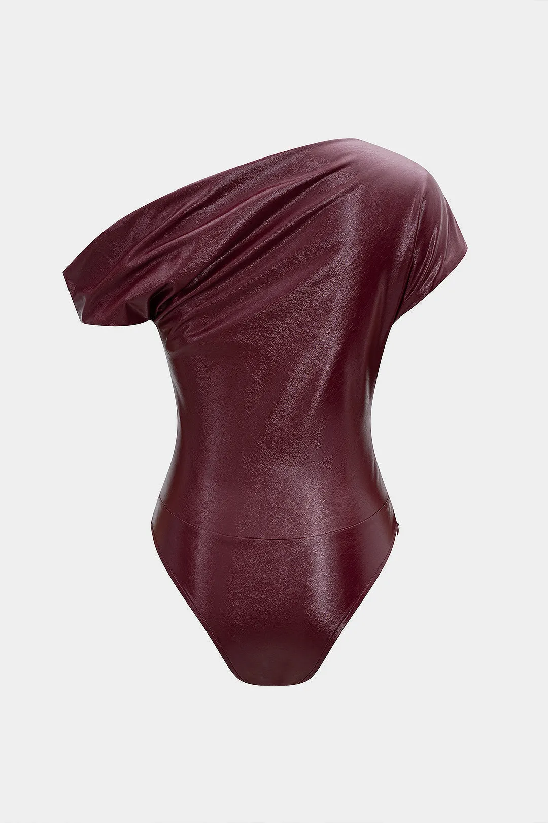 Faux Leather Ruched Asymmetrical Shoulder Bodysuit sold by Micas product image thumbnail 2