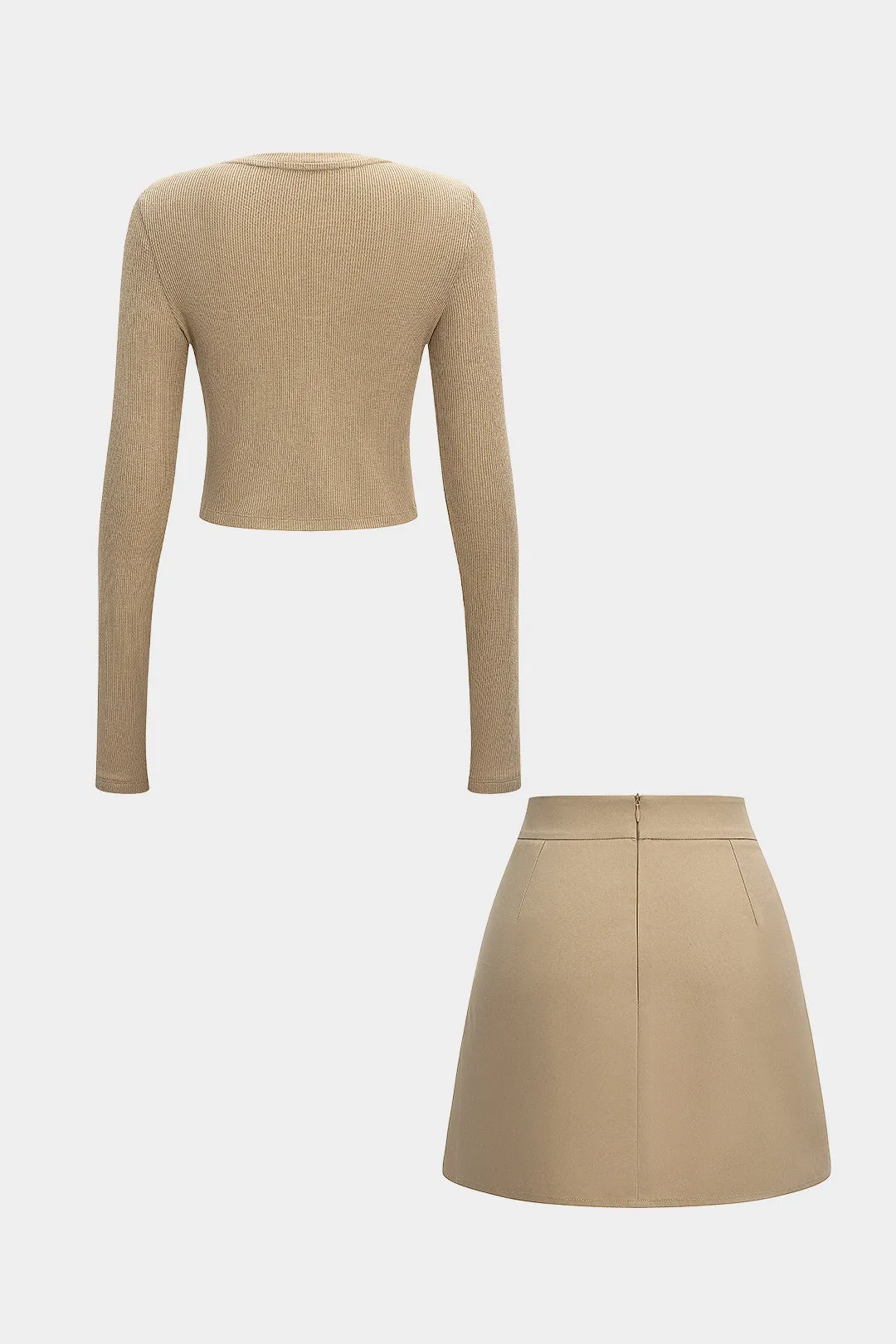 Round Neck Long-Sleeve Top And Pleated Zipper Mini Skirt Set sold by Micas product image thumbnail 2